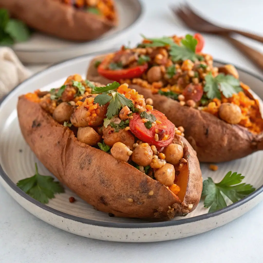 "Stuffed Sweet Potatoes with black beans, avocado, cheese, and cilantro, served on a plate with a side of salsa."