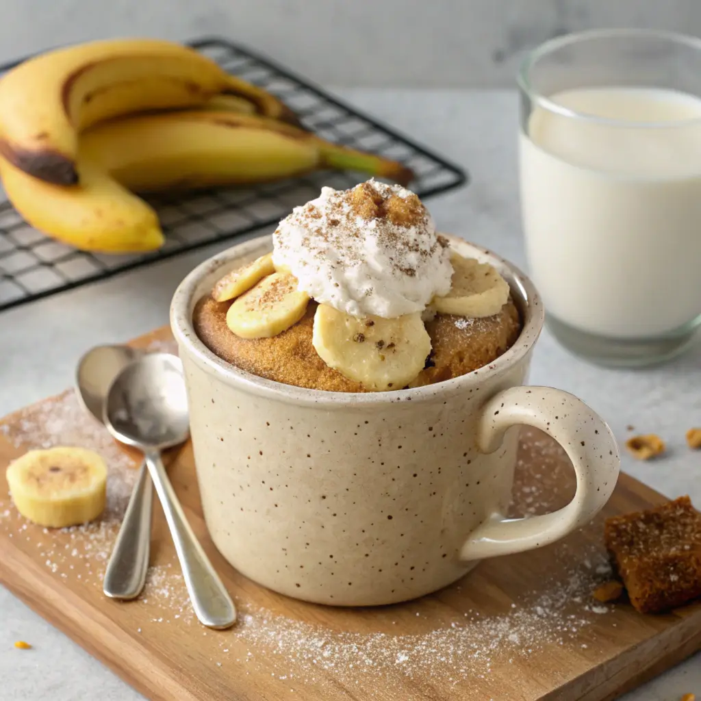 "A fluffy banana mug cake topped with chocolate chips and served in a white mug, perfect for a quick dessert or snack."