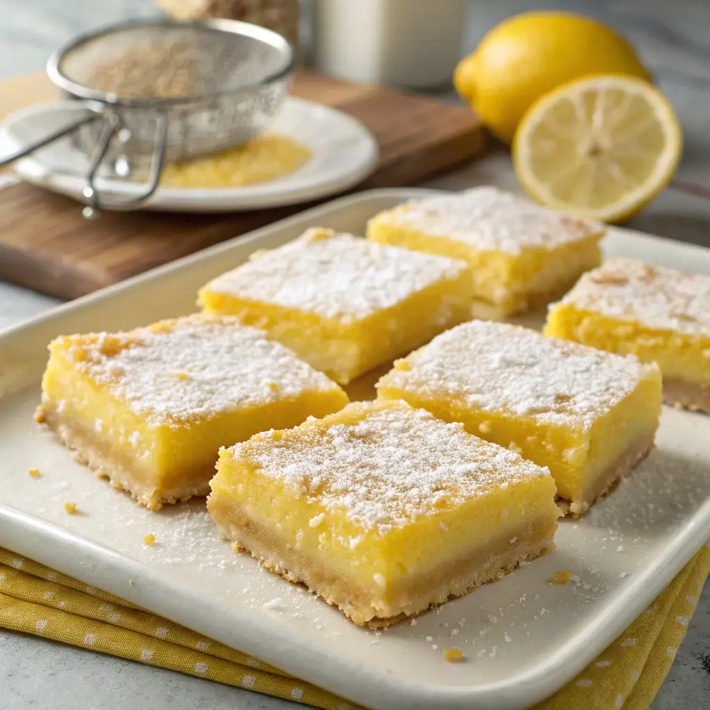 "5-Ingredient Lemon Bars with a golden, buttery crust and a smooth, tangy lemon filling, dusted with powdered sugar."