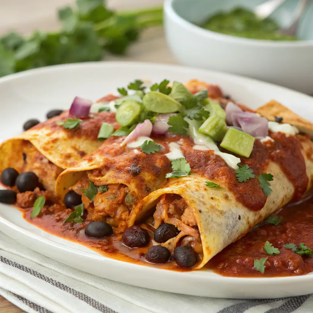 "Chicken and Black Bean Enchiladas with tortillas filled with seasoned chicken and black beans, topped with enchilada sauce and melted cheese."