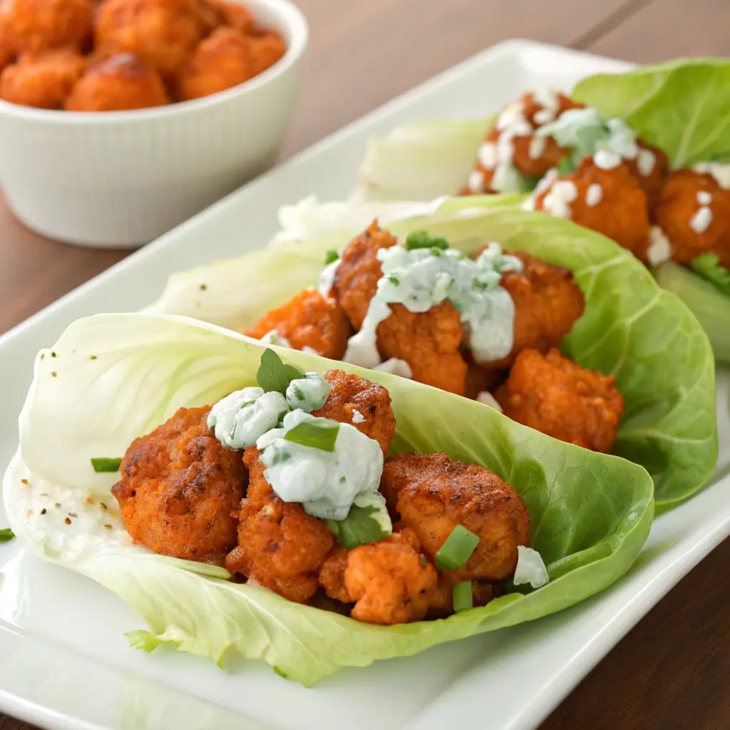 Easy Buffalo Cauliflower Lettuce Wraps with crispy cauliflower, spicy buffalo sauce, and fresh lettuce.