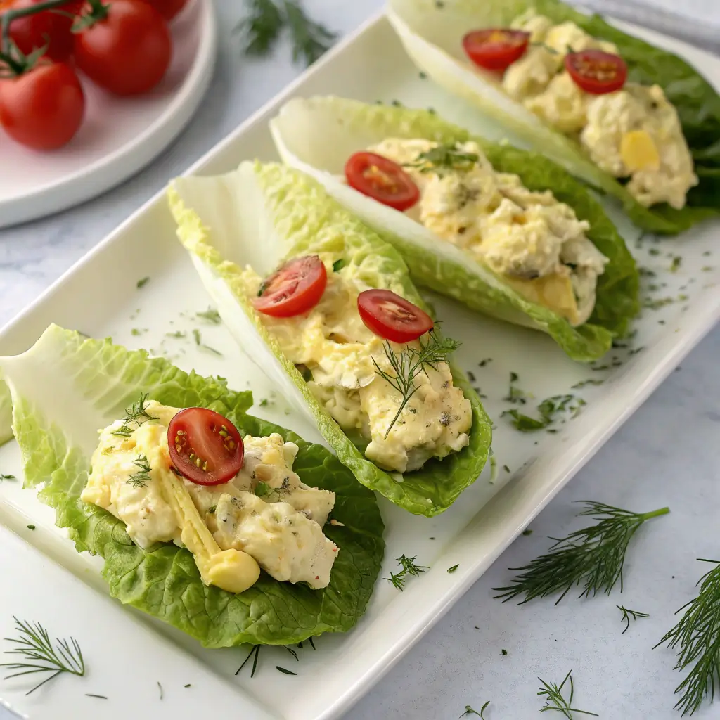 "Easy Egg Salad Lettuce Boats with creamy egg salad served in crisp lettuce cups 3.