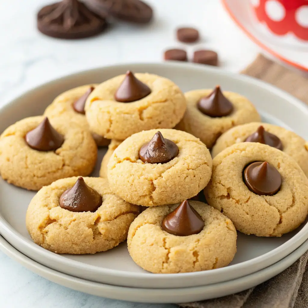 "Easy Peanut Butter Blossom cookies with Hershey’s Kiss in the center, showcasing the soft texture and golden-brown color."