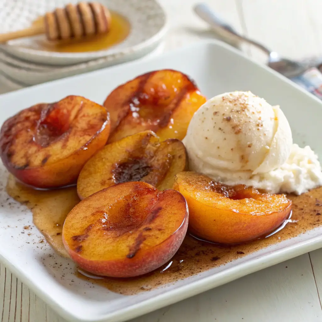 These Honey-Roasted Peaches are soft, juicy, and caramelized, served with vanilla ice cream and mint.