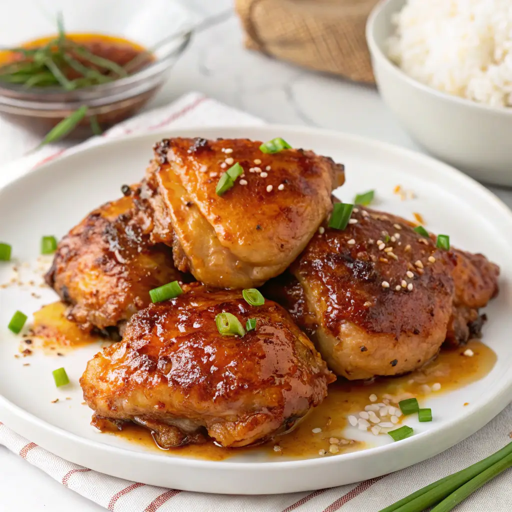 "Spicy Honey Garlic Chicken Thighs with golden, sticky glaze, garnished with fresh parsley, served with rice and vegetables."