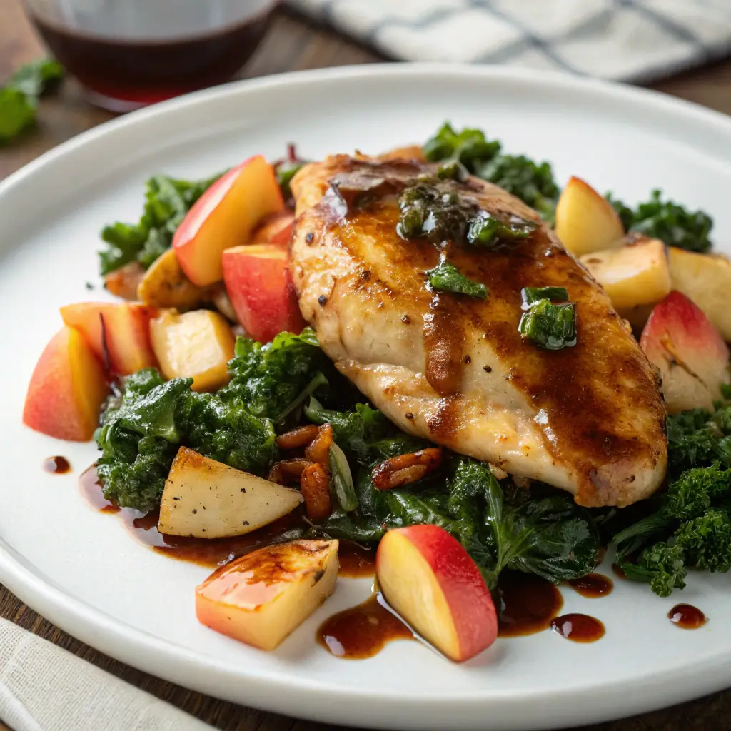 "Balsamic Glazed Chicken with Sautéed Kale and Apples, featuring tender chicken breasts coated in a glossy balsamic glaze, served with kale and apple slices."