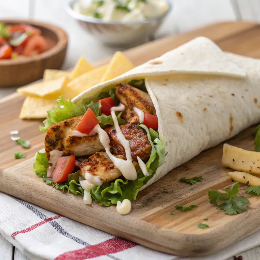 Easy BBQ Chicken Wrap with grilled chicken, BBQ sauce, and fresh veggies in a soft tortilla.