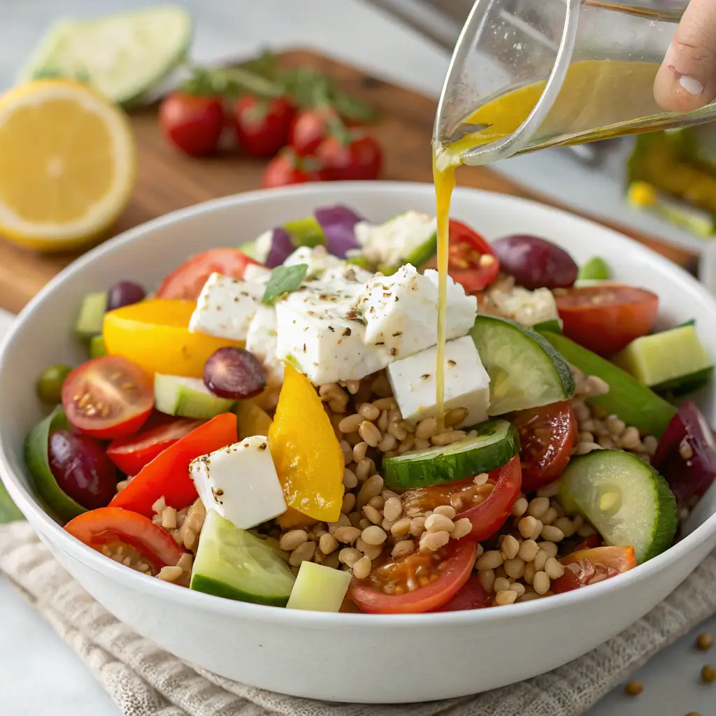 "A vibrant Greek Salad with farro, cherry tomatoes, cucumber, red onion, Kalamata olives, and crumbled feta cheese, tossed in a zesty olive oil dressing."