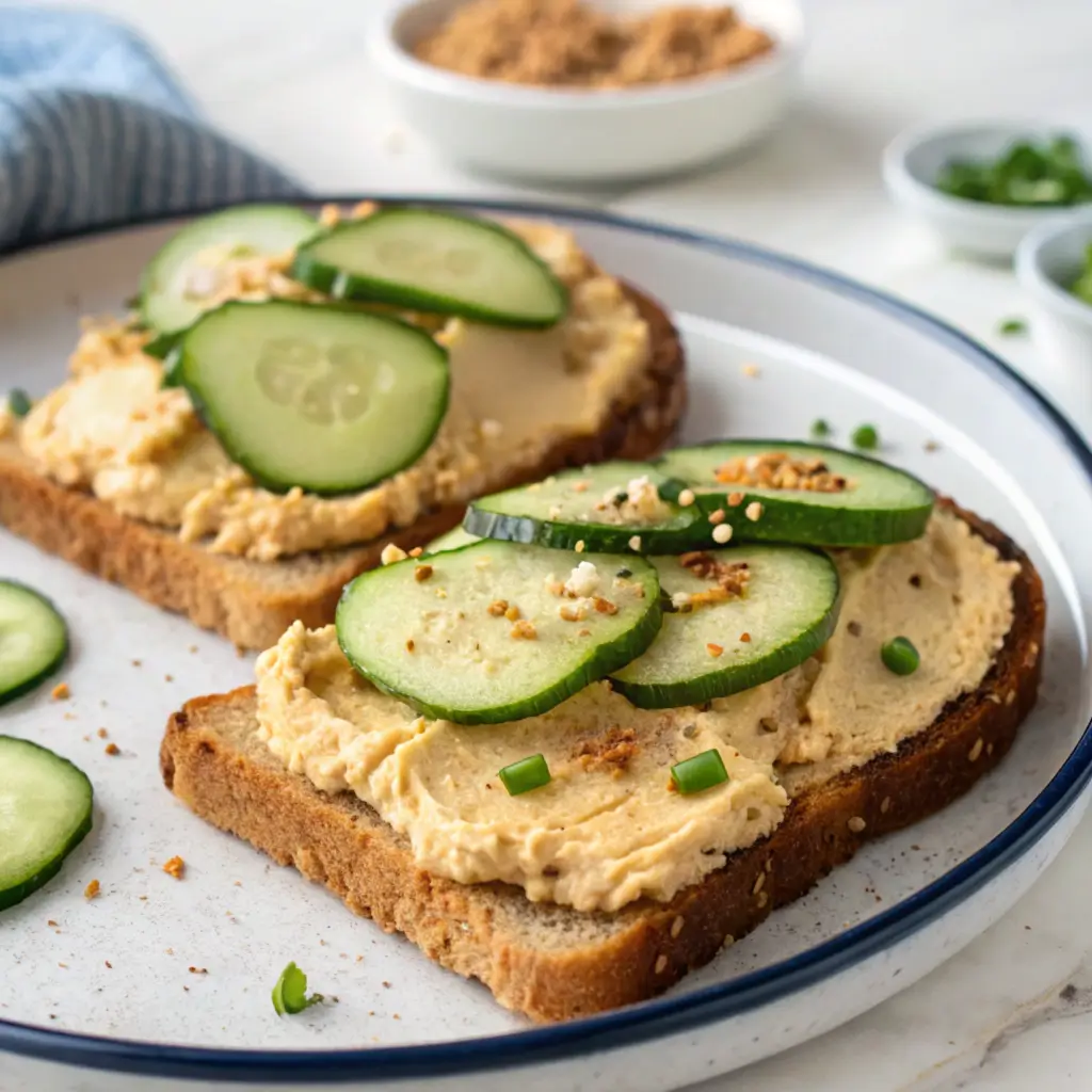 A slice of toasted whole-grain bread topped with creamy hummus, fresh cucumber slices, and a sprinkle of paprika and herbs.