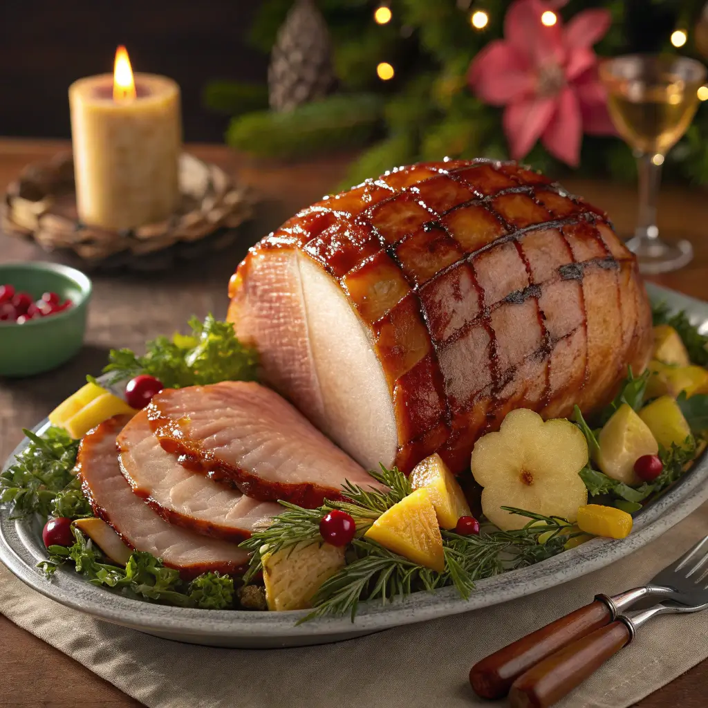 "Maple-Glazed Ham with Pineapple on a platter, garnished with pineapple rings and fresh herbs, served as a holiday centerpiece."