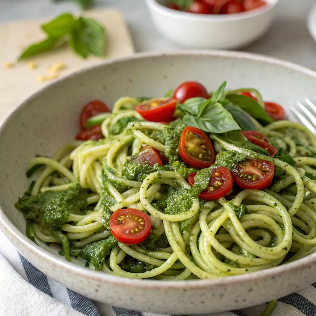 "A fresh Pesto Zucchini Noodle Salad with spiralized zucchini, cherry tomatoes, shredded carrots, and pine nuts, tossed in a vibrant basil pesto.2