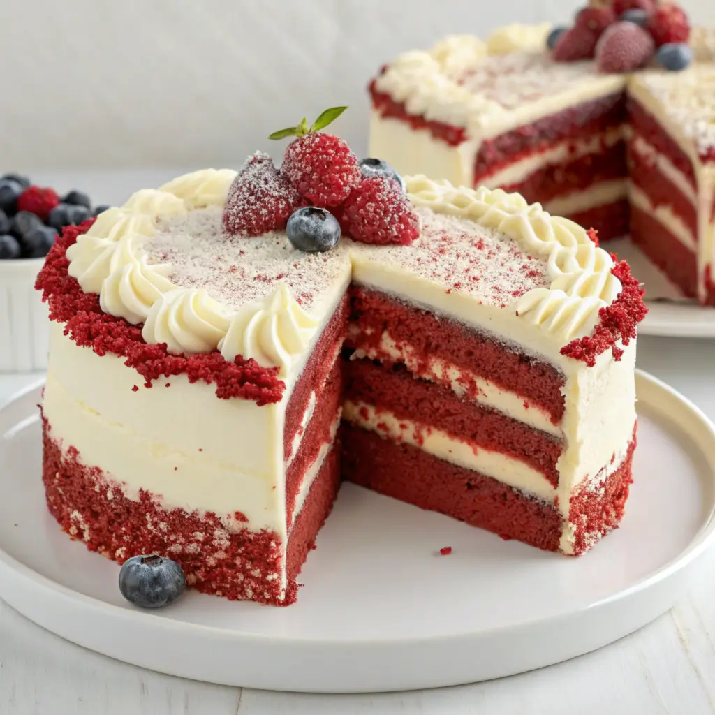 Easy Red Velvet Cheesecake Layer Cake with layers of moist red velvet cake and creamy cheesecake filling, topped with cream cheese frosting.