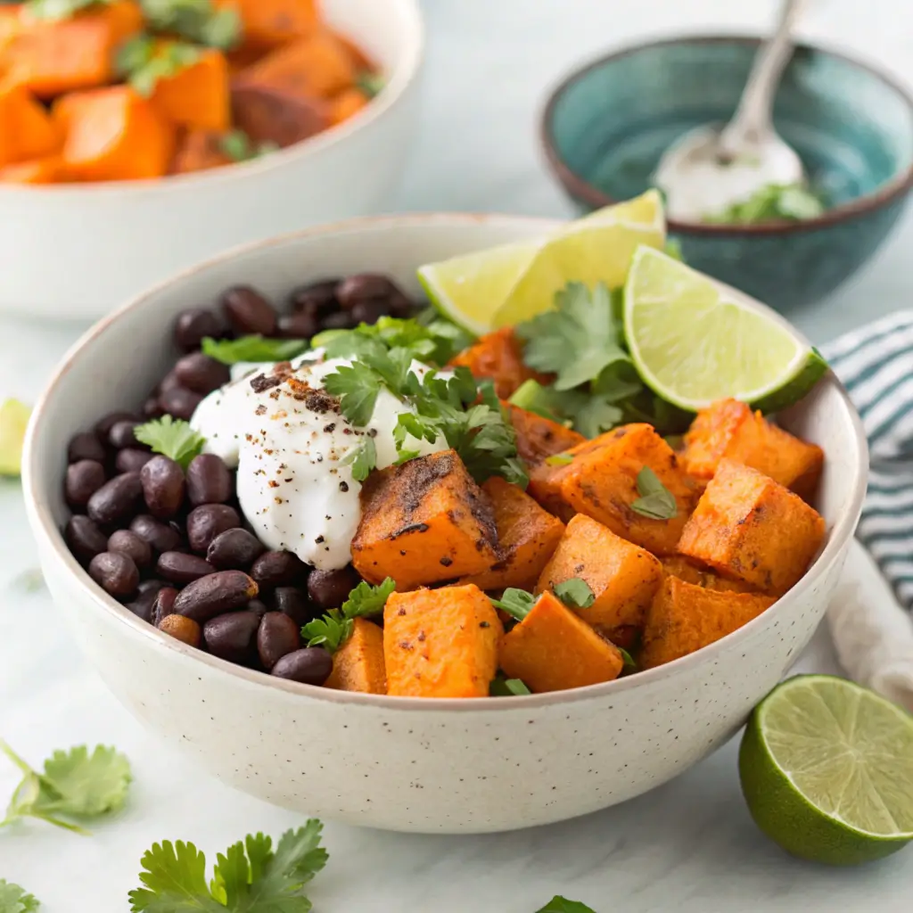 Fresh and flavorful Easy Roasted Sweet Potato and Black Bean Bowl with Lime Crema, topped with cilantro and avocado.