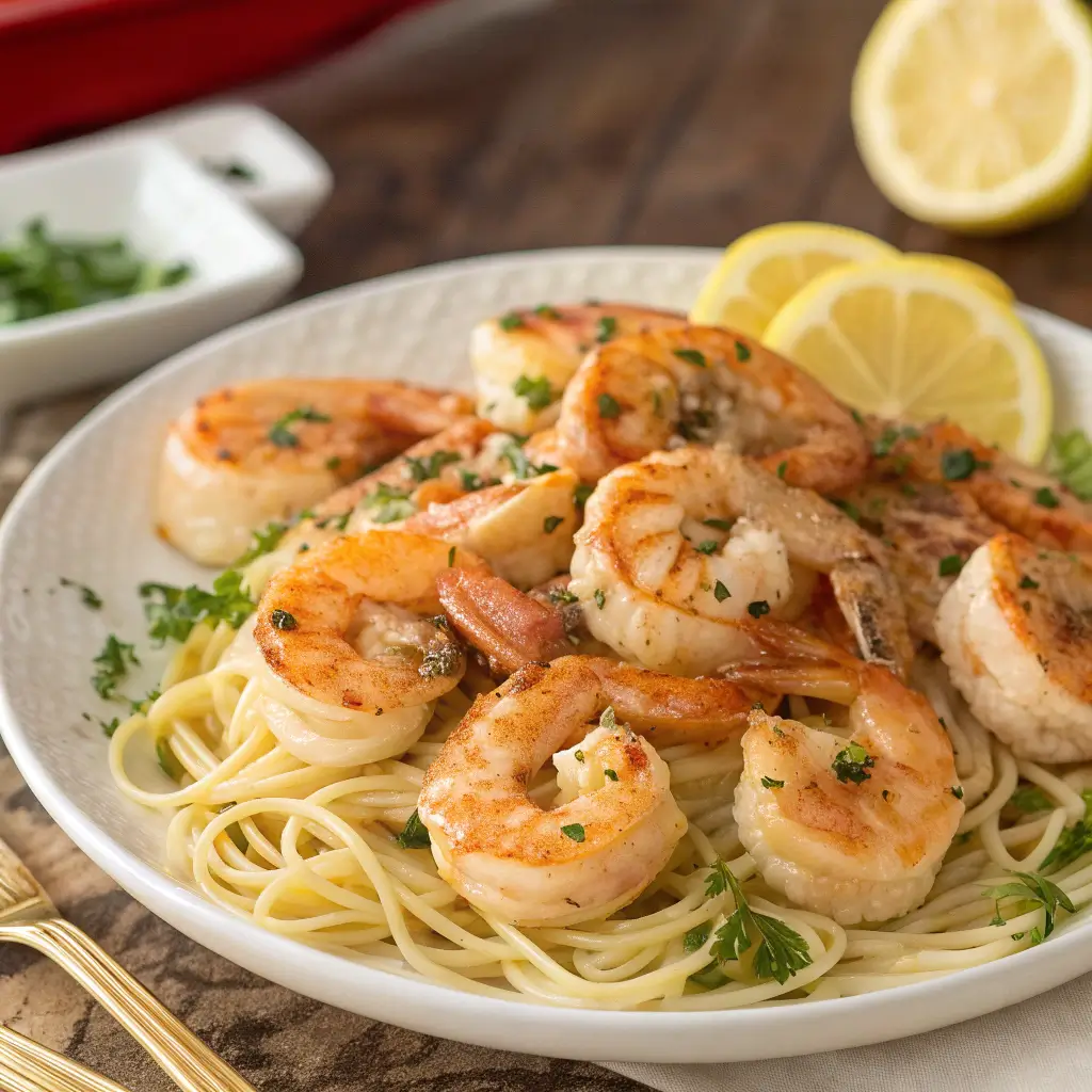 "Garlic Butter Shrimp Scampi with succulent shrimp in a rich garlic butter sauce, garnished with fresh parsley and lemon slices."