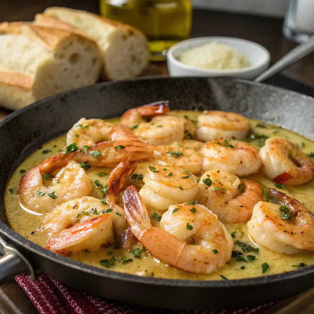 "Garlic Butter Shrimp Skillet with plump shrimp in a golden garlic butter sauce, garnished with fresh parsley and served in a skillet."