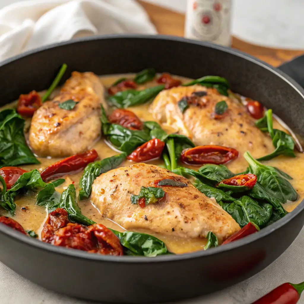 "Tuscan Chicken with Spinach in a creamy garlic sauce, garnished with fresh basil, served in a skillet with sun-dried tomatoes."