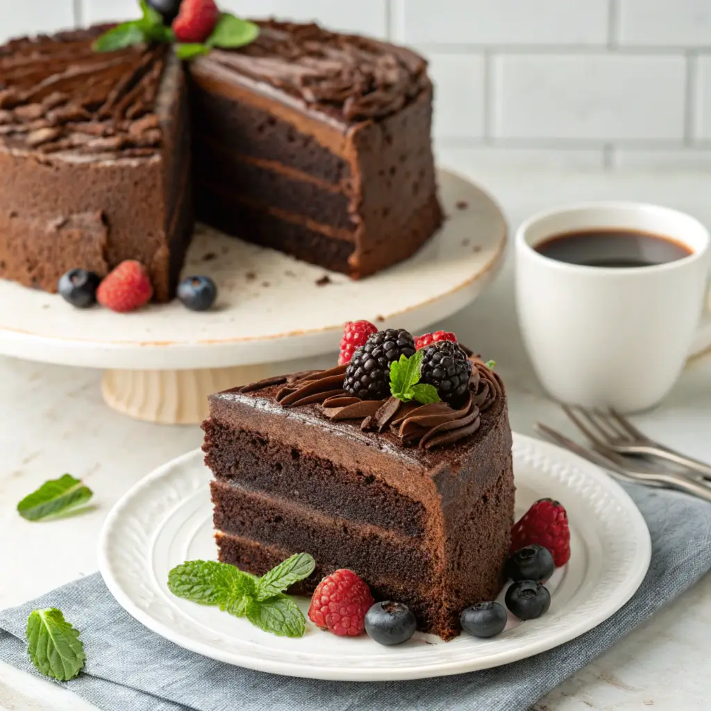 Quick Mocha Espresso Cake topped with glossy chocolate ganache, garnished with coffee beans and a light dusting of cocoa powder. The rich layers of the cake are visible, with a smooth, decadent finish. The image showcases the moist texture and coffee flavor.