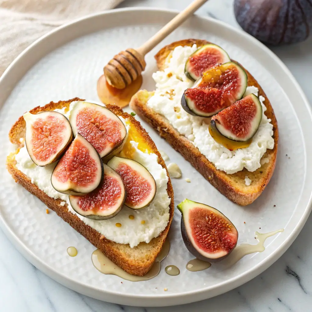 Close-up of Honey Ricotta Toast with Fresh Figs, highlighting the creamy ricotta, juicy figs, and the golden honey drizzle on a perfectly toasted slice of bread.