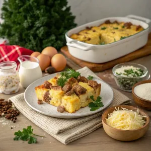 "Close-up of a slice of breakfast casserole showing layers of bread, eggs, sausage, and cheese."