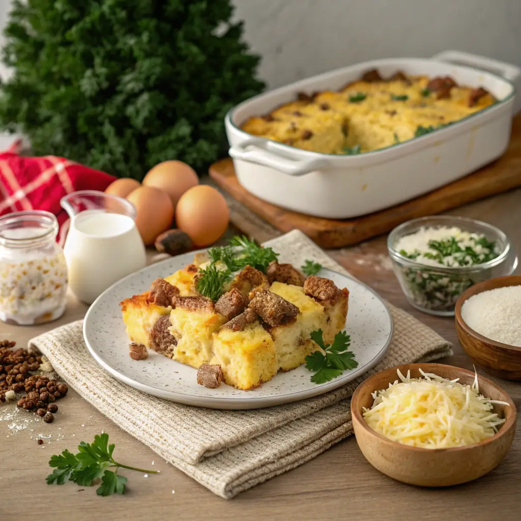 "Close-up of a slice of breakfast casserole showing layers of bread, eggs, sausage, and cheese."