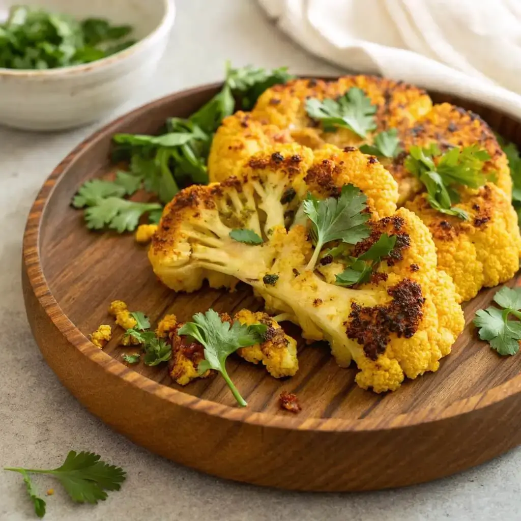 Golden roasted cauliflower steaks on a plate, garnished with fresh parsley and a lemon wedge.