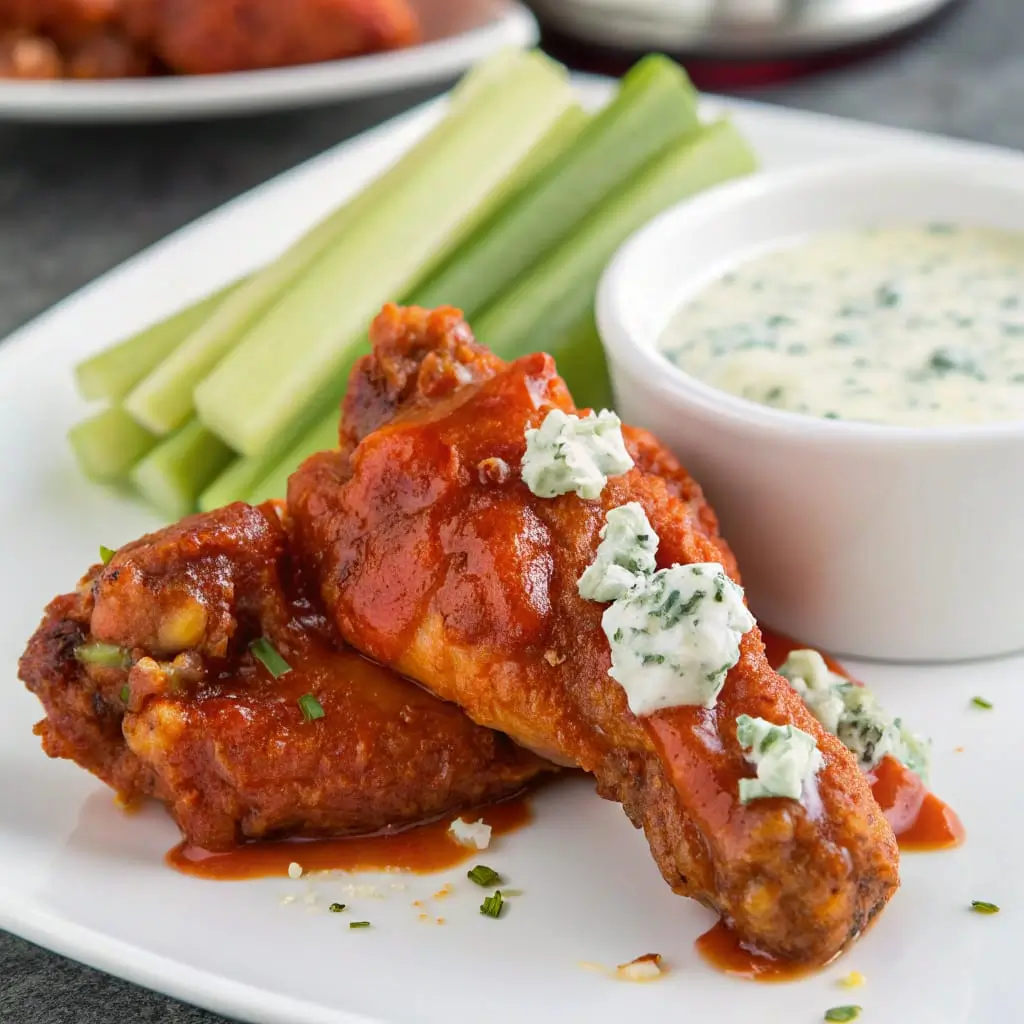 Juicy Buffalo Chicken coated in a spicy, tangy buffalo sauce, garnished with fresh herbs and served with celery sticks and ranch dressing.