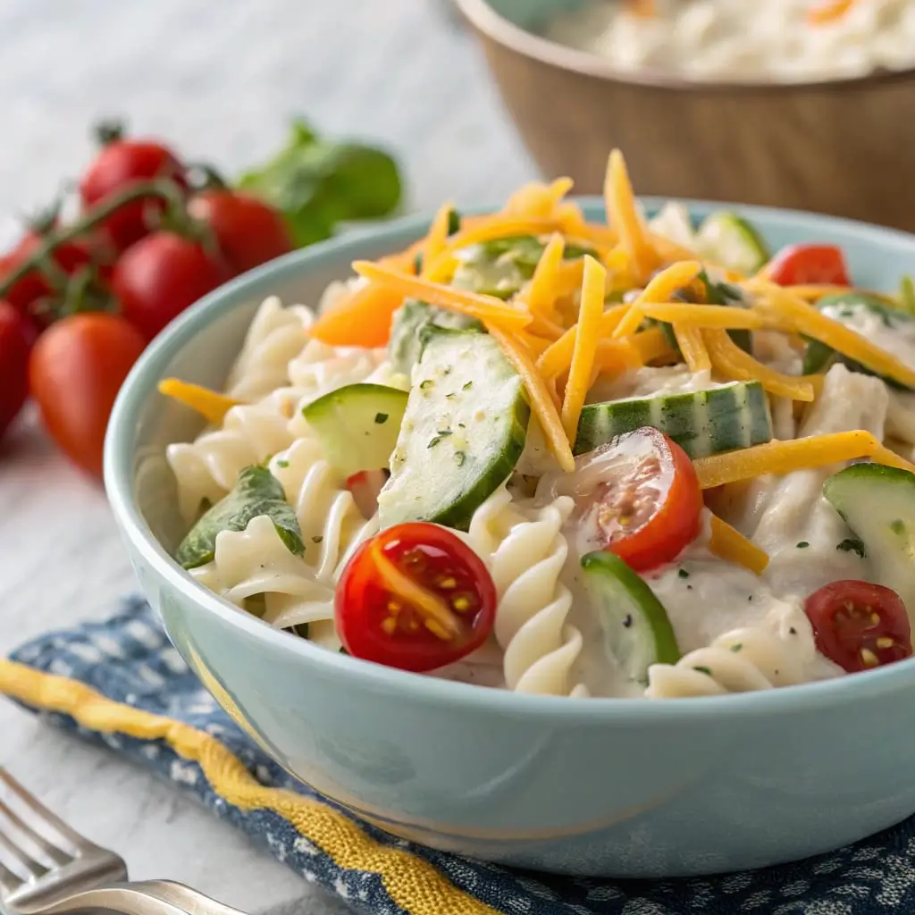 A bowl of Ranch Pasta Salad loaded with tender pasta, crisp veggies, shredded cheese, and a creamy ranch dressing, garnished with fresh herbs.