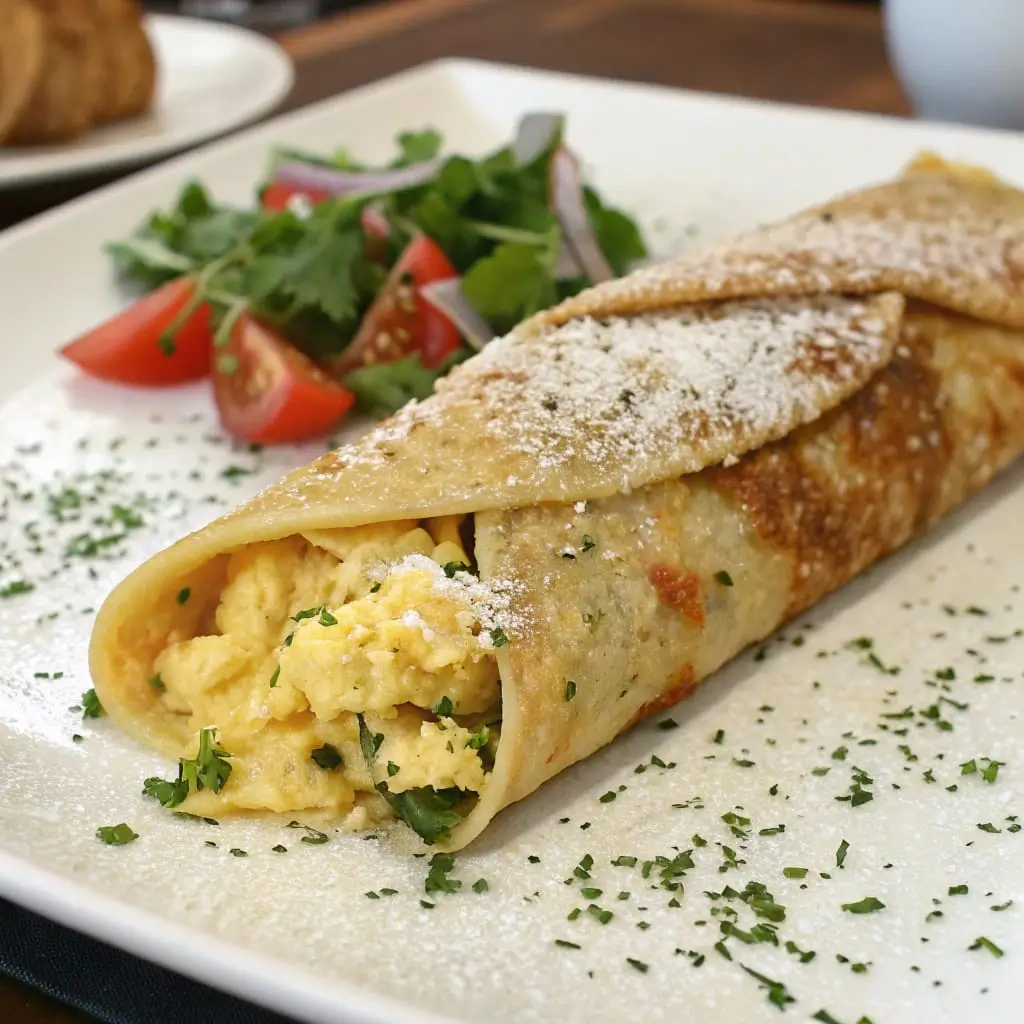 A Crispy Parmesan Egg Wrap with a golden, crispy egg exterior, filled with fresh greens, melted cheese, and herbs, served on a plate with a side of dipping sauce.