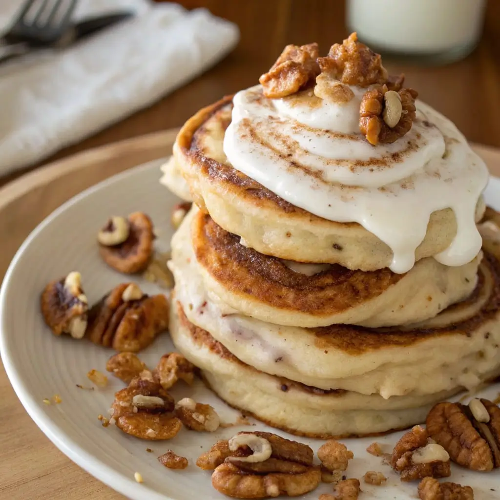 A stack of Cinnamon Roll Pancakes swirled with cinnamon sugar, drizzled with creamy cheese frosting, and topped with crunchy walnuts.