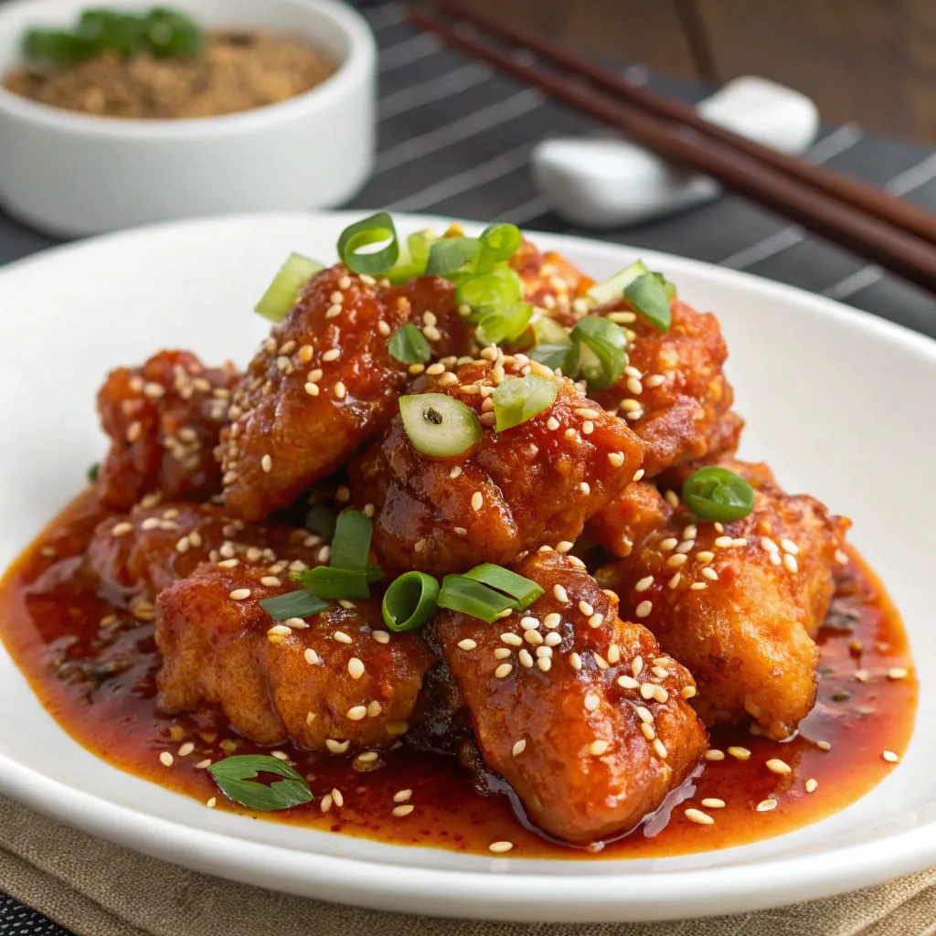 A Spicy Bang Bang Chicken Bake featuring tender baked chicken coated in a creamy, spicy sauce with a garlic and honey glaze, garnished with fresh herbs and sesame seeds.