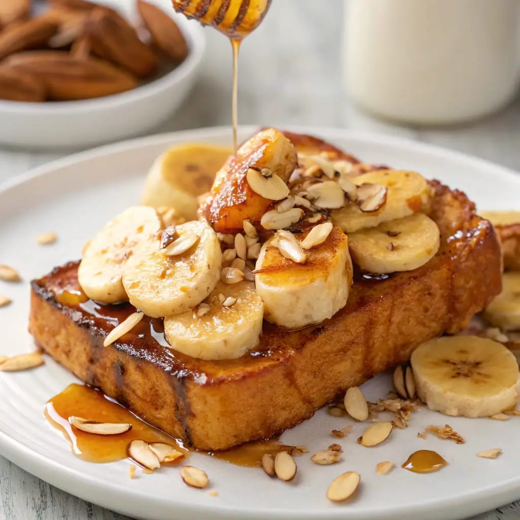 A plate of Caramelized Banana & Honey French Toast, topped with golden caramelized bananas, drizzled with warm honey, and sprinkled with toasted almonds.