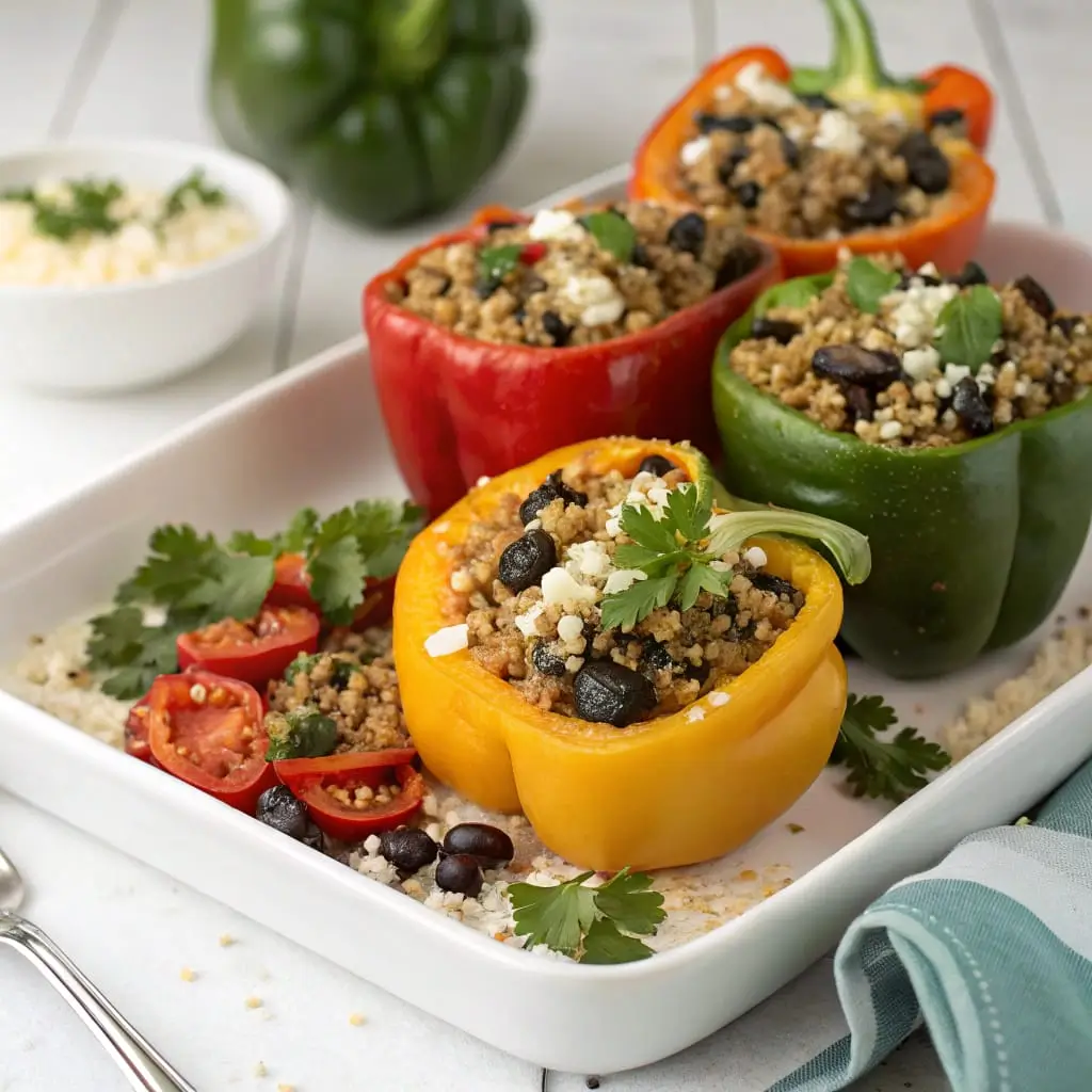 Colorful Stuffed Bell Peppers filled with a hearty mixture of quinoa, black beans, tomatoes, and spices, garnished with fresh herbs and avocado slices.