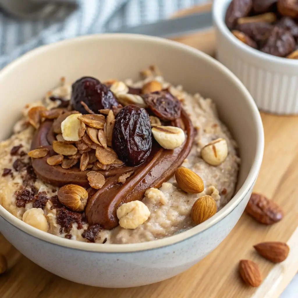 A creamy jar of Chocolate Peanut Butter Overnight Oats, layered with rich cocoa, natural peanut butter, sweet Medjool dates, and crunchy roasted hazelnuts—perfect for a nutritious, make-ahead breakfast.