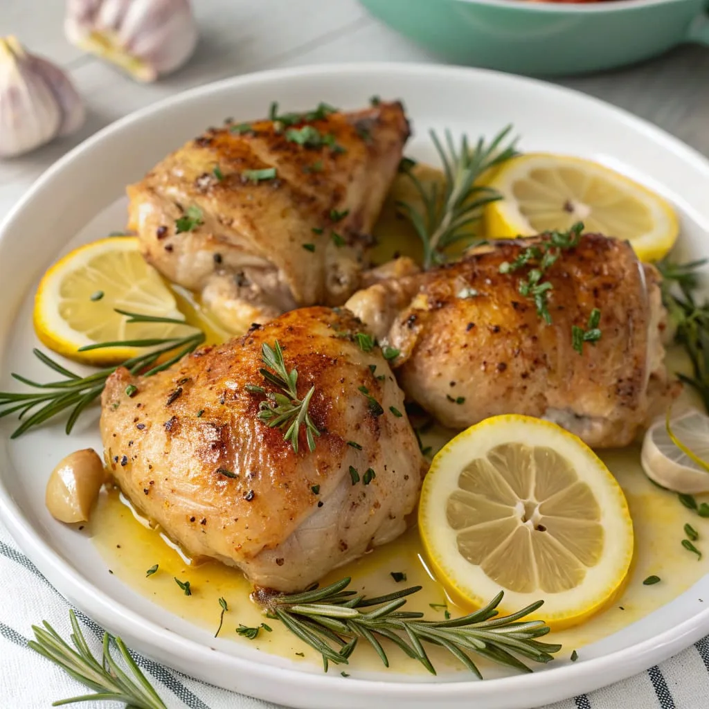 Golden-brown Zesty Lemon Herb Chicken Thighs seared to perfection, garnished with fresh herbs and lemon slices, served with roasted garlic potatoes and a side of green beans for a vibrant, flavor-packed dinner plate.