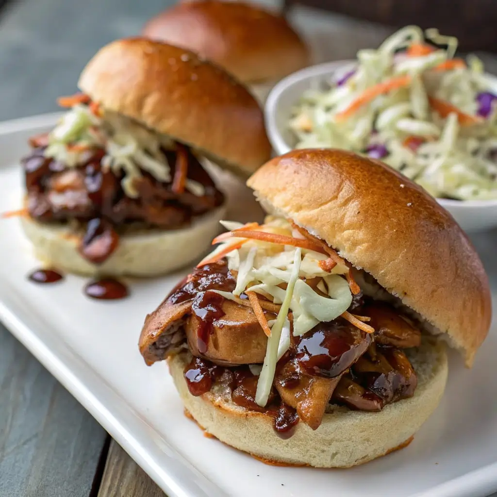 Pulled Mushroom BBQ Sliders with Crunchy Coleslaw - Easy Quick Recipe - Easy Quick Recipe Close-up of pulled oyster mushroom BBQ sliders with coleslaw on brioche buns