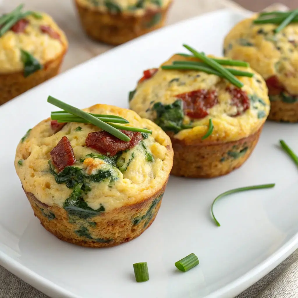 Savory egg muffins with spinach, feta cheese, sun-dried tomatoes, and chives, baked until golden in a muffin tin.