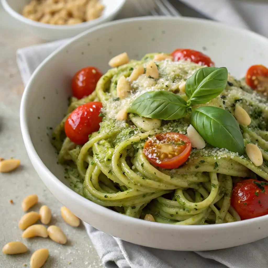 A vibrant pasta salad with creamy pesto dressing, cherry tomatoes, and toasted pine nuts served in a white bowl.