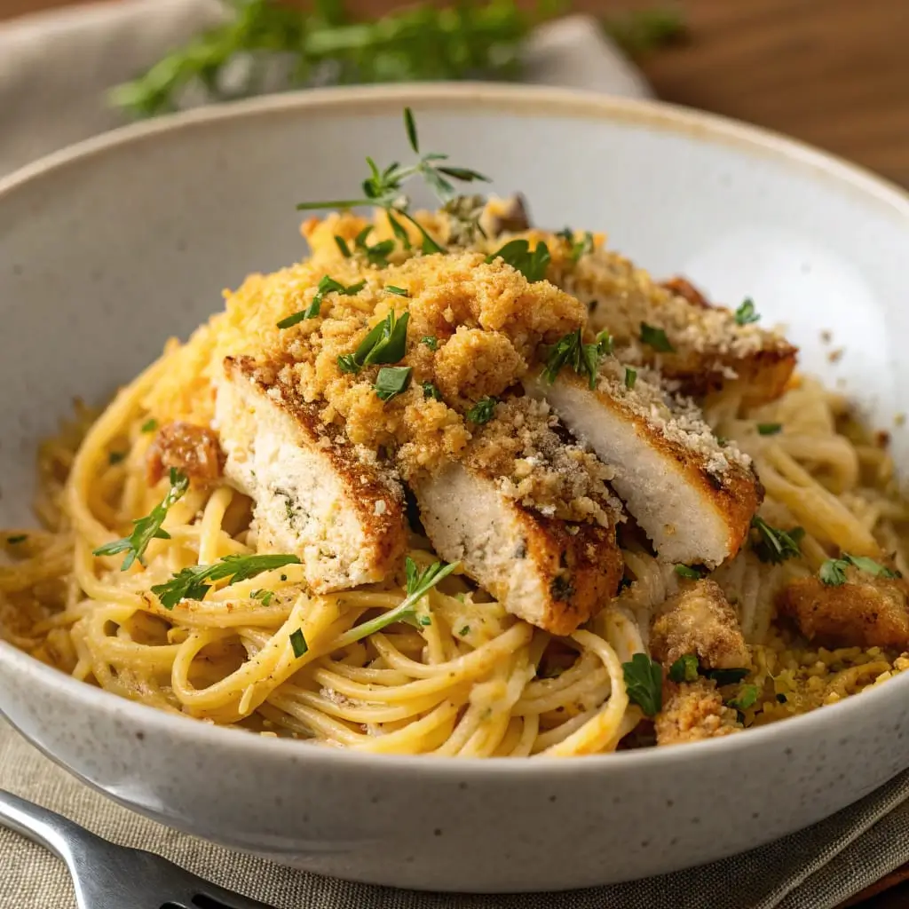Golden garlic-butter chicken served atop twirled nest pasta, finished with a crispy herb-crumb topping and fresh parsley—rich, comforting, and beautifully plated for an elegant dinner.