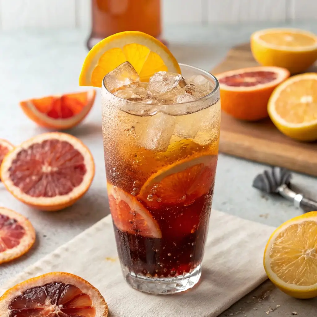 A refreshing glass of citrus espresso tonic splash, featuring layers of bright orange juice, bold espresso, and sparkling tonic water over ice, garnished with a twist of orange peel.