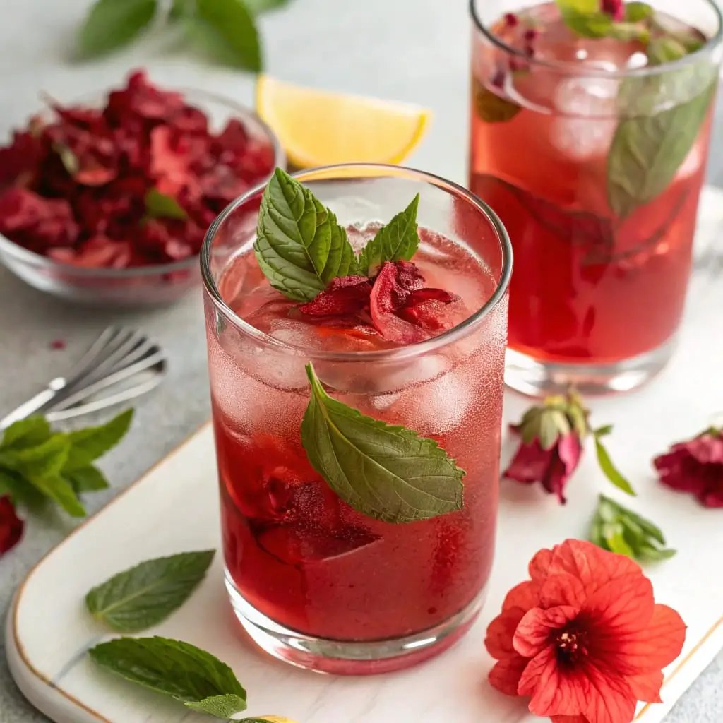 Hibiscus Basil Glow Cooler – Floral, Refreshing & Naturally Radiant Drink - Easy Quick Recipe - Easy Quick Recipe A vibrant Hibiscus Basil Glow Cooler served over ice, featuring deep red hibiscus tea, fresh basil leaves, and slices of lime in a tall glass with a subtle herbal aroma and floral tang.