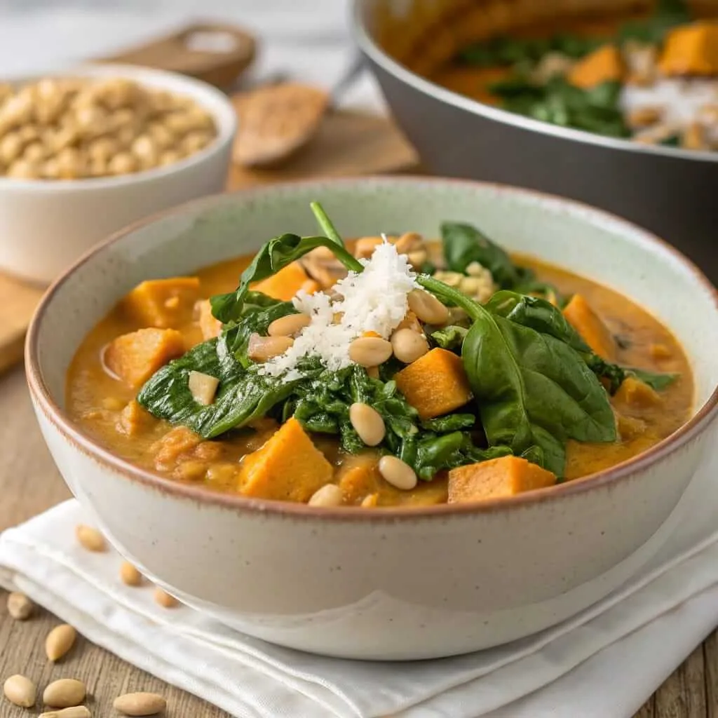 Creamy Sweet Potato Peanut Stew – Comforting, Nutty & Nourishing - Easy Quick Recipe - Easy Quick Recipe A hearty bowl of creamy sweet potato peanut stew with coconut milk, tender spinach, and chunky sweet potatoes, garnished with crushed peanuts and fresh cilantro, served warm.