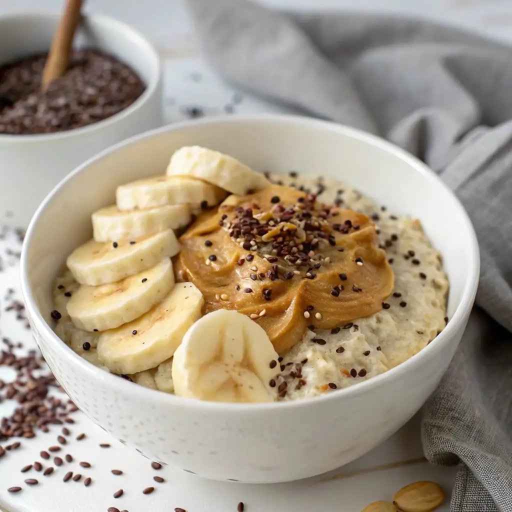 Jar of creamy peanut butter banana overnight oats topped with banana slices, cacao nibs, and a drizzle of peanut butter