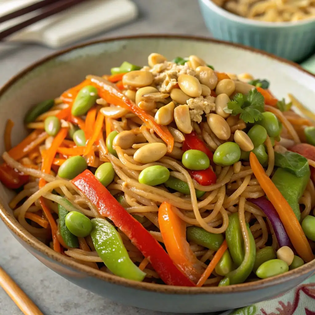 Colorful Asian noodle salad with peanut sauce, red cabbage, bell peppers, and edamame served in a white bowl