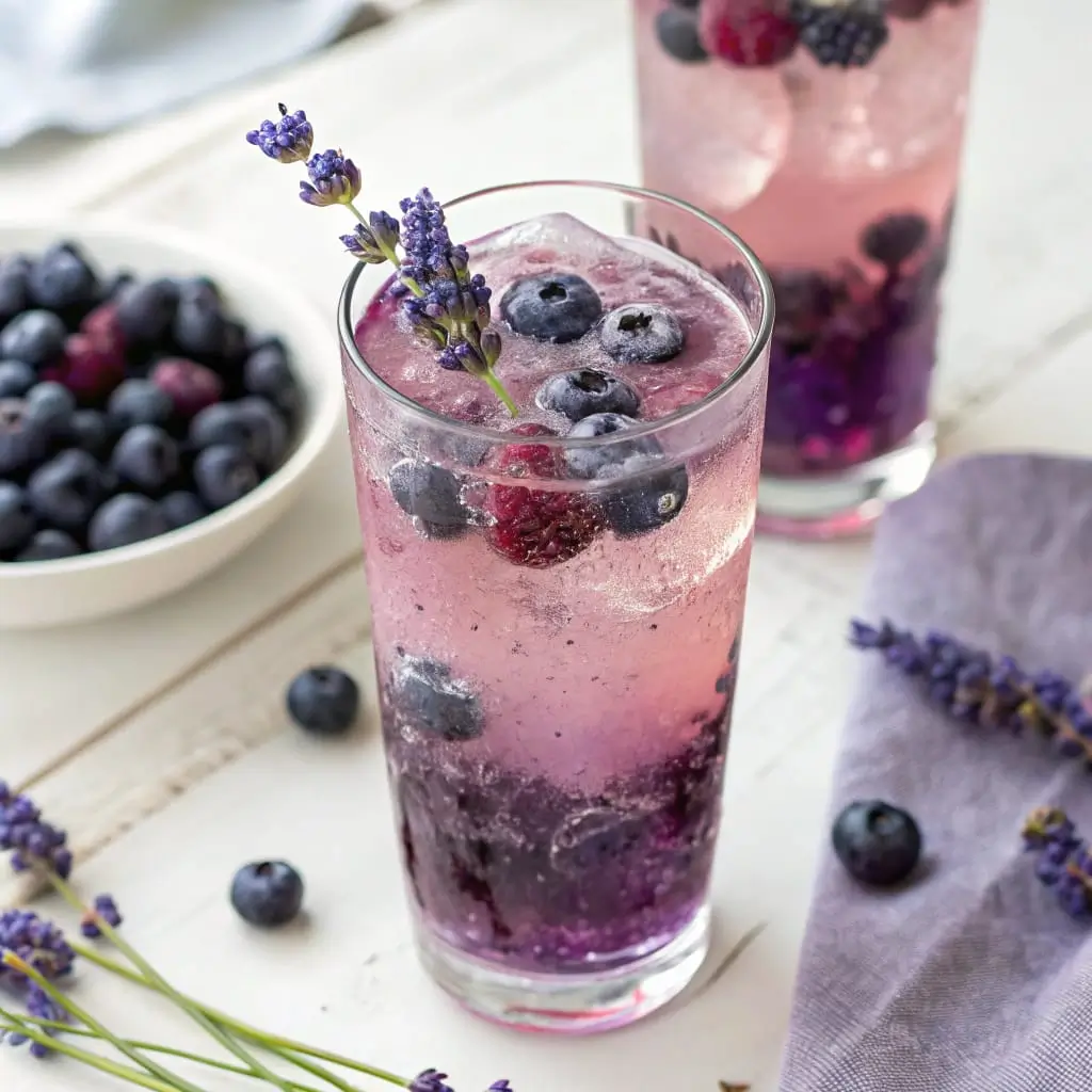 Blueberry Lavender Lemonade – Floral, Fizzy & Refreshing Summer Drink - Easy Quick Recipe - Easy Quick Recipe Refreshing glass of blueberry lavender lemonade with sparkling water, garnished with fresh blueberries, lemon slices, and a sprig of lavender on ice.