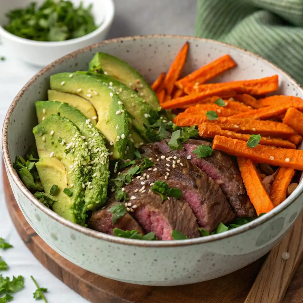 Chimichurri Steak Bowls – Bold, Herby & Nourishing Dinner Option - Easy Quick Recipe - Easy Quick Recipe Chimichurri steak bowl featuring juicy grilled steak slices drizzled with vibrant green chimichurri, served with crispy sweet potato fries and creamy avocado slices.