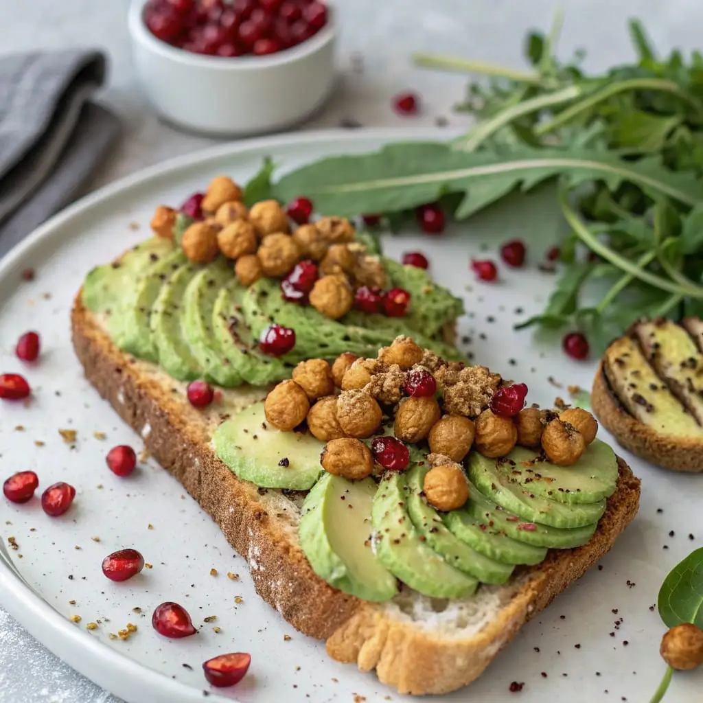 Avocado Toast with Za’atar Roasted Chickpeas and Pomegranate Seeds - Easy Quick Recipe - Easy Quick Recipe Avocado toast topped with crispy za’atar-spiced chickpeas, pomegranate seeds, and fresh herbs on rustic bread