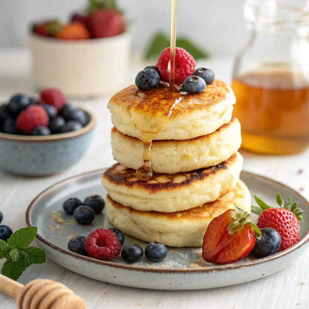 Cottage Cheese Pancakes with Almond Butter and Cinnamon - Easy Quick Recipe - Easy Quick Recipe High-protein cottage cheese pancakes topped with almond butter drizzle and cinnamon, served on a plate