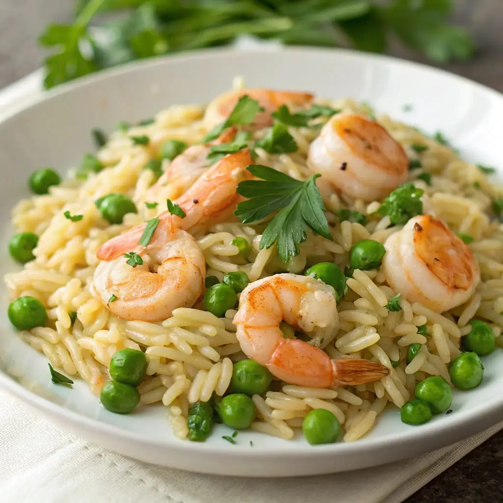 Garlic Butter Orzo with Shrimp & Peas – Creamy, Quick & Irresistible - Easy Quick Recipe - Easy Quick Recipe Garlic butter orzo pasta tossed with tender shrimp and sweet green peas, garnished with fresh herbs and a squeeze of lemon for a light, flavorful dinner.