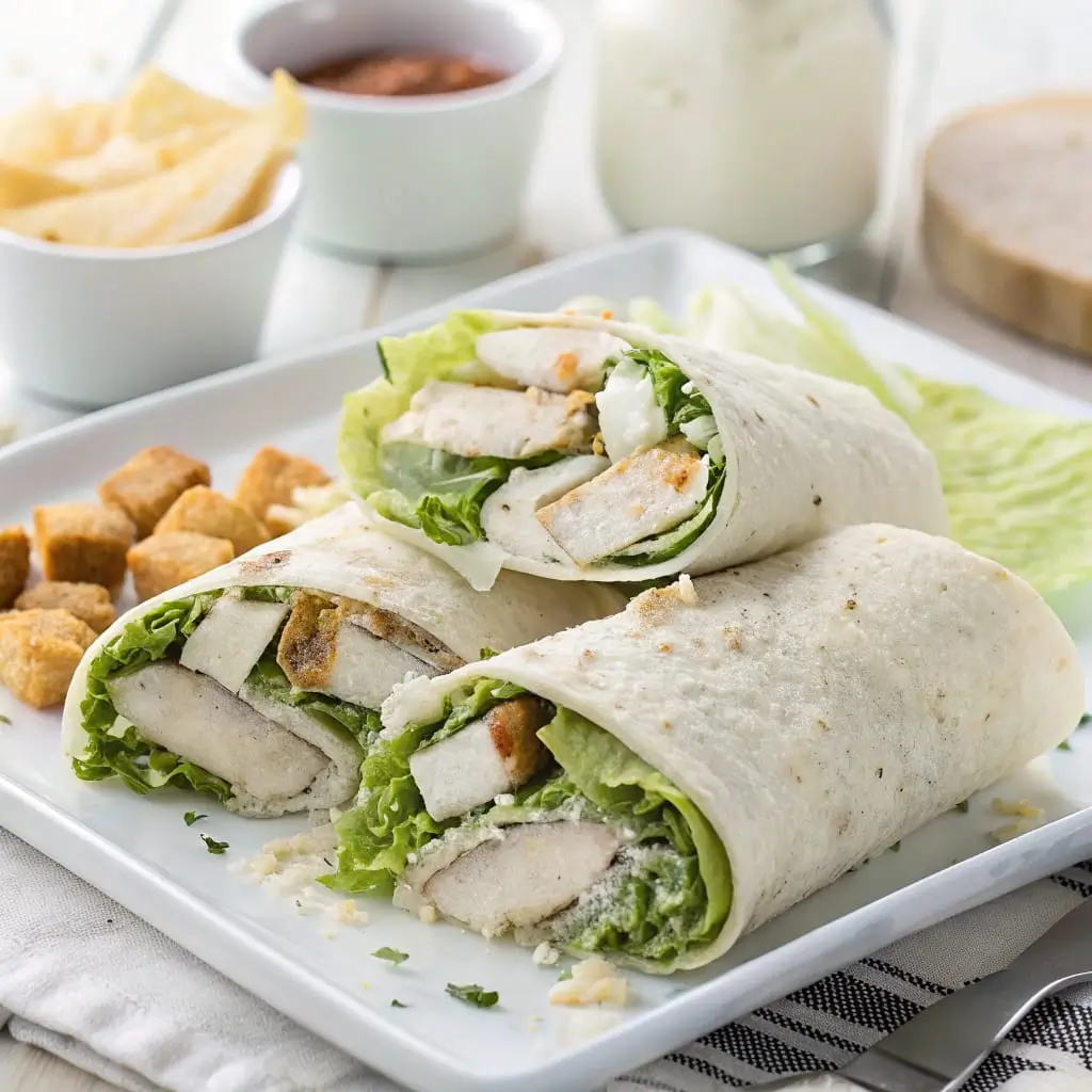 Chicken Caesar Wraps with Avocado – Quick and Healthy Lunch Option - Easy Quick Recipe - Easy Quick Recipe Freshly wrapped Chicken Caesar wrap cut in half, filled with grilled chicken, romaine lettuce, avocado, and creamy dressing on a wooden board.