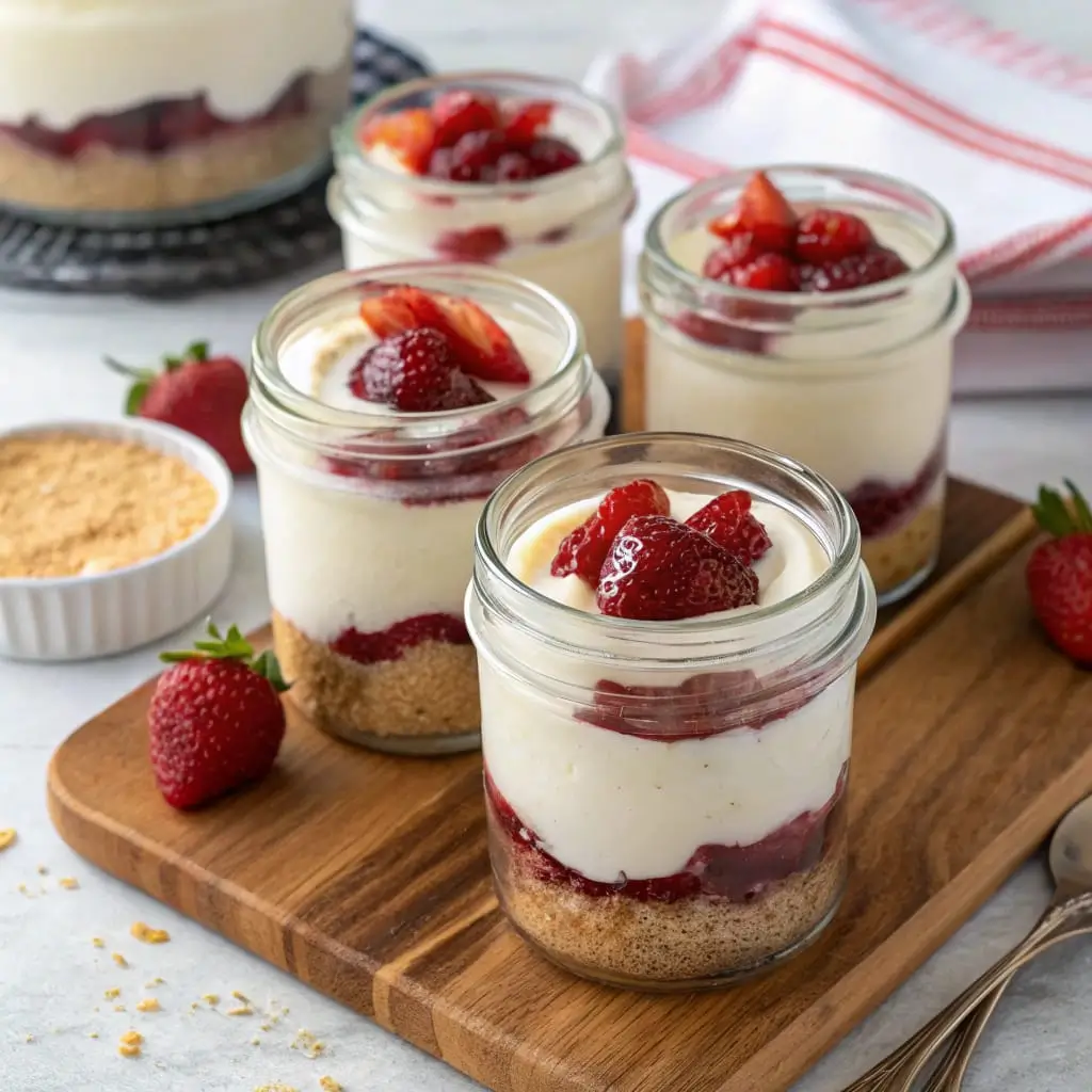 No-Bake Cheesecake Jars – Creamy, Easy & Perfectly Portable Desserts - Easy Quick Recipe - Easy Quick Recipe Individual no-bake cheesecake jars layered with a buttery graham cracker crust, creamy cheesecake filling, and fresh berry topping, served in clear glass jars.
